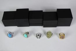 Five boxed silver and gemstone dress rings, set with ametrine, turquoise, peridot and tanzanite.