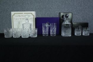 A collection of cut crystal, including a boxed Stuart crystal decanter and two whisky tumblers along