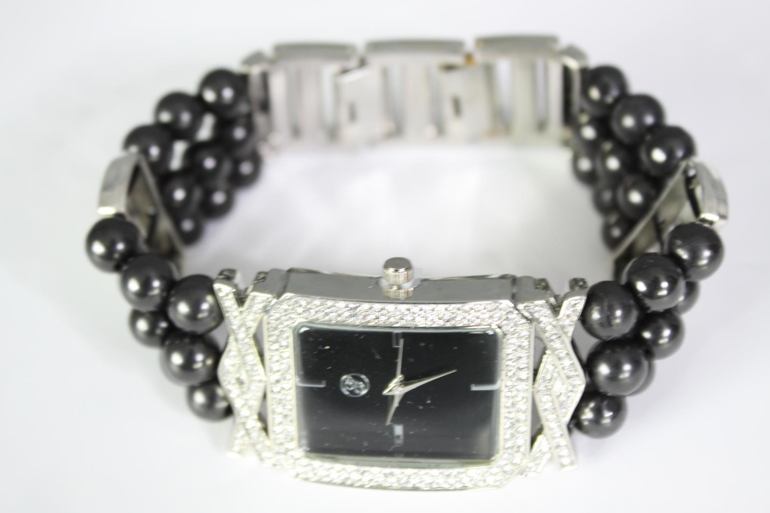A boxed Geona fashion watch with faux black pearl elastic strap and diamante stones to the face - Image 3 of 3