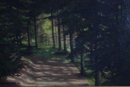 Oil on board. A clearing or maybe a path in a forest. Signed indistinctly on the back. Early