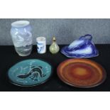A collection of ceramics, including a Llangollen hand decorated welsh dragon art pottery plate