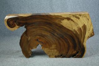 A console table cut from a section of a mangosteen tree. Oiled and waxed, unique. H.68 W.120 D.17cm.