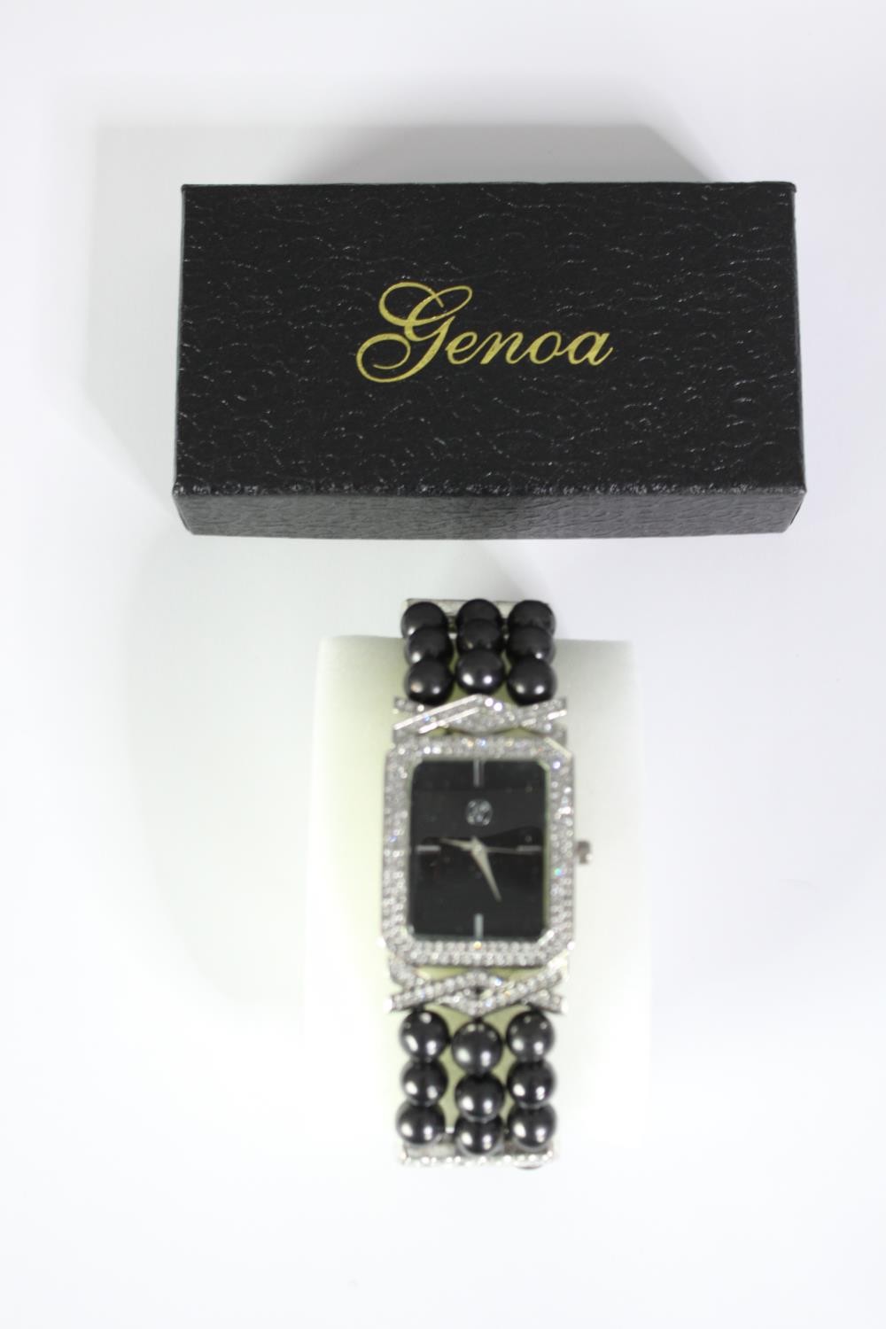 A boxed Geona fashion watch with faux black pearl elastic strap and diamante stones to the face - Image 2 of 3