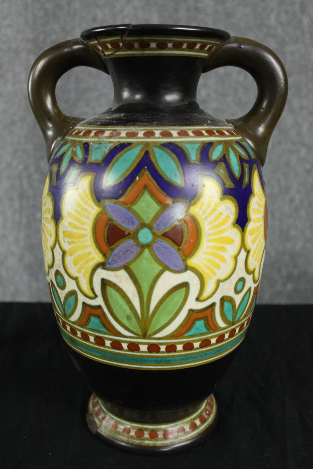 A 1930's Gouda pottery Plazuid Holland “Madeleine” pattern hand painted ceramic vase with twin - Image 3 of 5