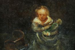 A small oil painting on board. A mother nursing a baby. Signed indistinctly on the label at the