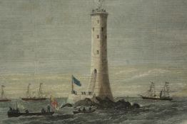 Hand coloured engraving. Wolf Rock Lighthouse, Lands End. Sir Frederick Arrow laying the last