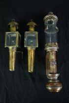 Railwayana. A GWR lantern and a matching pair brass lamps. H.37cm. (largest)