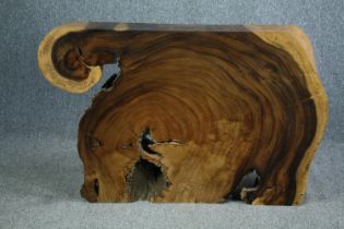 A console table cut from a section of a mangosteen tree. Oiled and waxed, unique. H.77 W.120 D.18cm.