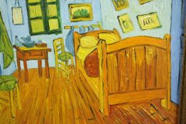 A hand painted copy of Vincent Van Gogh's Room. In a gilt decorated frame. H.42 W.52 cm.
