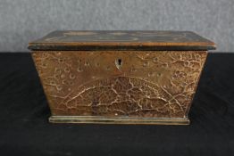 Jewellery box or caddy, 19th century Art Nouveau style inlay with beaten copper sides. H.13 W.26 D.