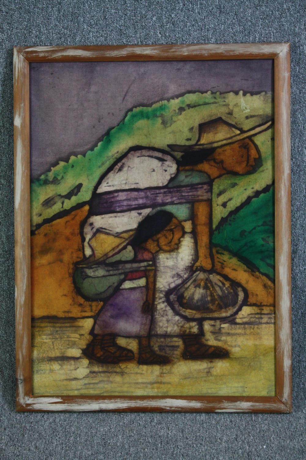 Watercolour painting on fabric. Unsigned. Framed. H.95 W.70 cm. - Image 2 of 3