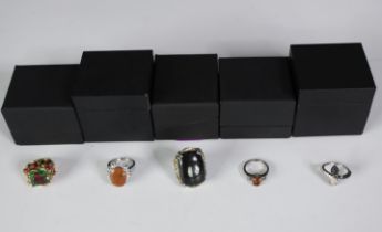 Five boxed silver and gemstone dress rings, set with onyx, amethyst, orange sapphire and bi colour