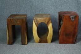 A miscellaneous collection of three stools or pedestals cut from Eastern hardwood. H.50cm. (largest)