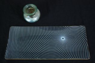 A Chance glass 'Swirl' pattern serving plate along with a 19th century blown glass bottle. L.34 W.