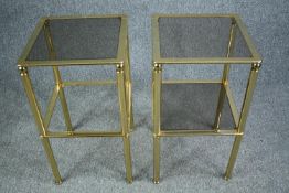 Lamp tables, a pair, vintage brass and smoked glass. H.73 W.40 D.40cm.