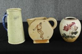 A collection of ceramics, including a sylvac blue dragon handled jug, an Art Deco hand painted jug