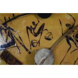 Mixed media painting on board. Signed 'A. Haynes'. Dancing tribal figures with a instruments