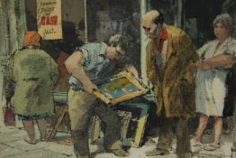 George Busby (British 1926 - 2005). Watercolour titled 'The Dealer'. Signed in pencil. Framed and