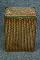 Linen basket, vintage Lloyd Loom with original embroidered seat. H.58 W.41 D.29cm.