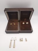 Four pairs of 9ct gold stud and drop earrings and one single ball earring, two boxed. Two pairs of