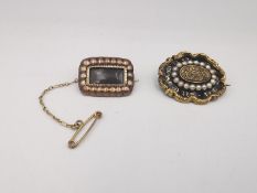 Two rolled gold 19th century mourning brooches, one black enamel set with seed pearls and plaited