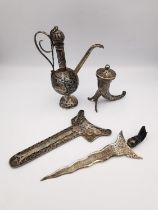 A collection of silver items, including a niello work miniature samovar (spout repaired), a Celtic