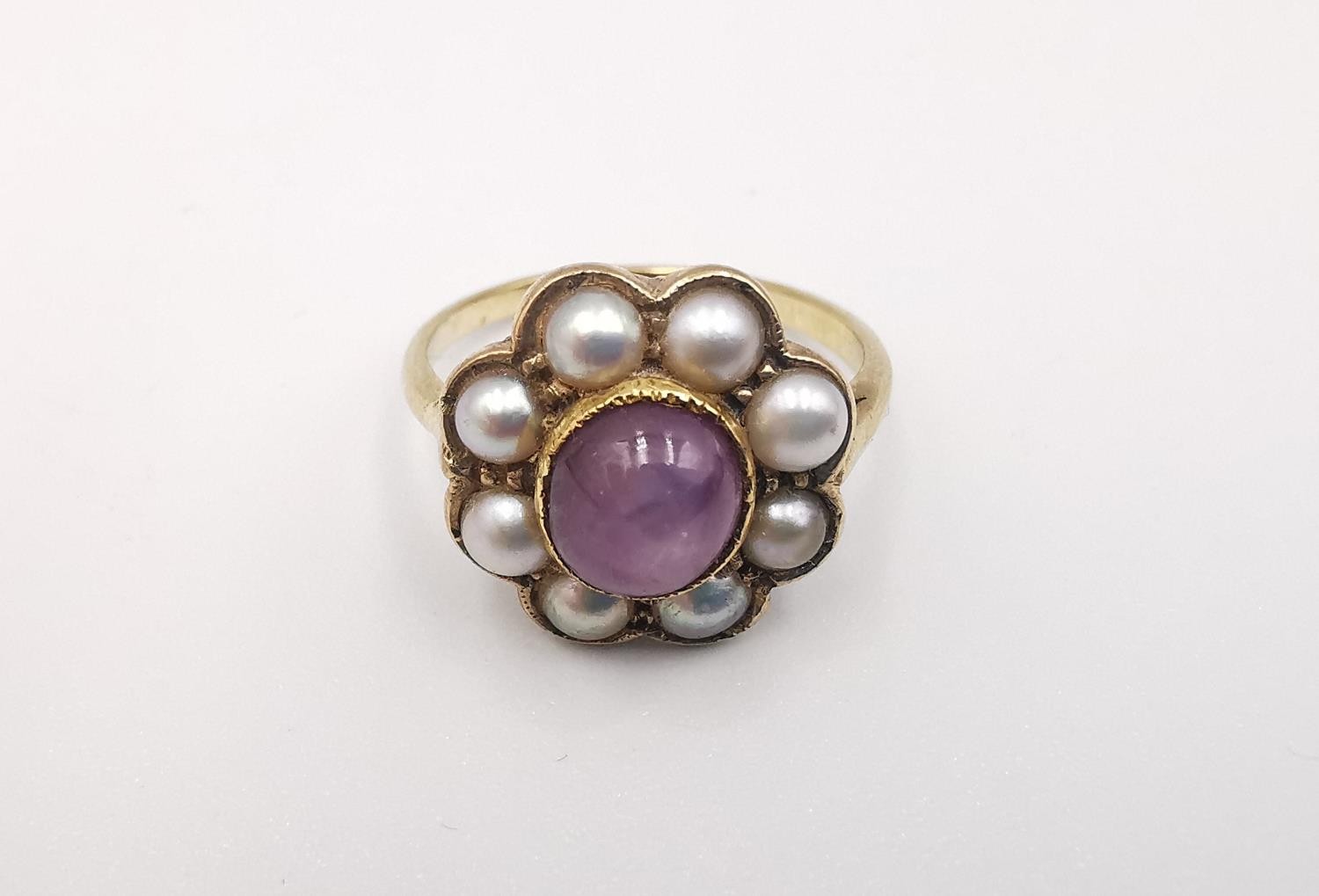 A Victorian Star ruby and cultured pearl and yellow metal (tests higher than 9ct) cluster ring. - Image 3 of 4