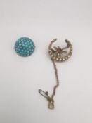Two Victorian yellow metal brooches, a turquoise set bombe brooch set with turquoise cabochons and a