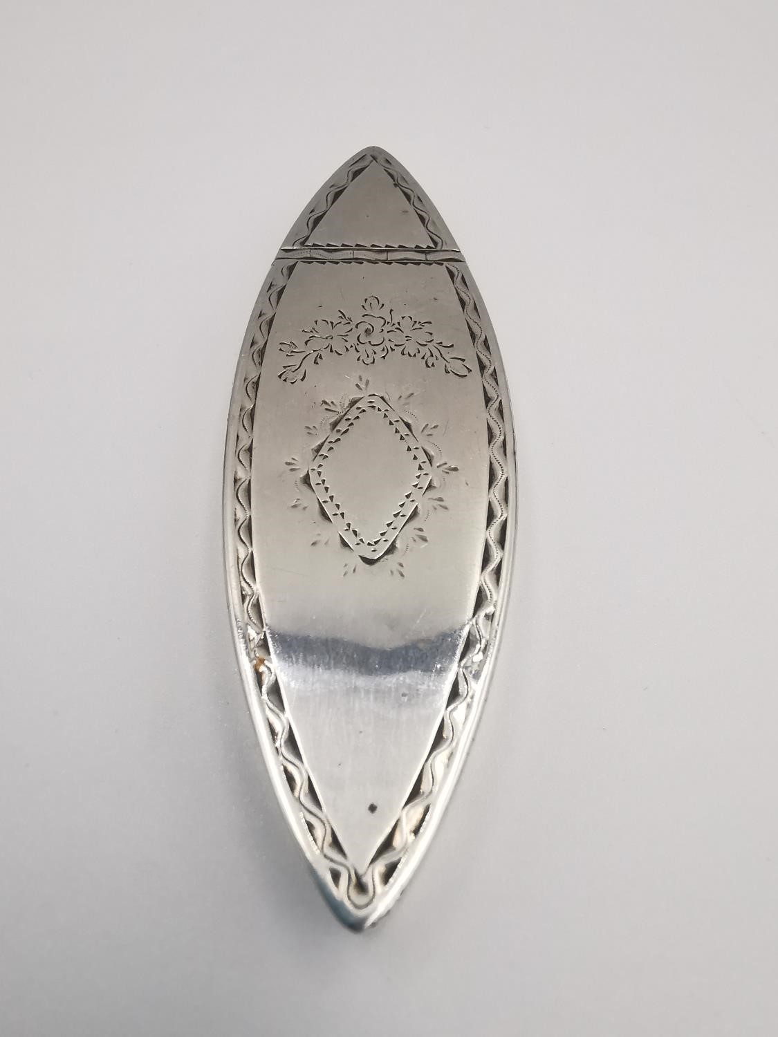 A George III sterling silver navette shaped toothpick holder with chased floral motifs, diamond - Image 2 of 5