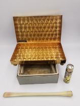 A Vintage Schildkraut Mother of Pearl mosaic jewellery box along with a Bakelite Art Deco lipstick