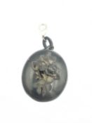 A Victorian carved jet mourning locket with relief rose bouquet to front and engraved interior. H.