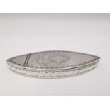 A George III sterling silver navette shaped toothpick holder with chased floral motifs, diamond