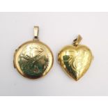 Two engraved 9ct yellow gold lockets. One heart shaped by Georg Jensen with a stylised scrolling