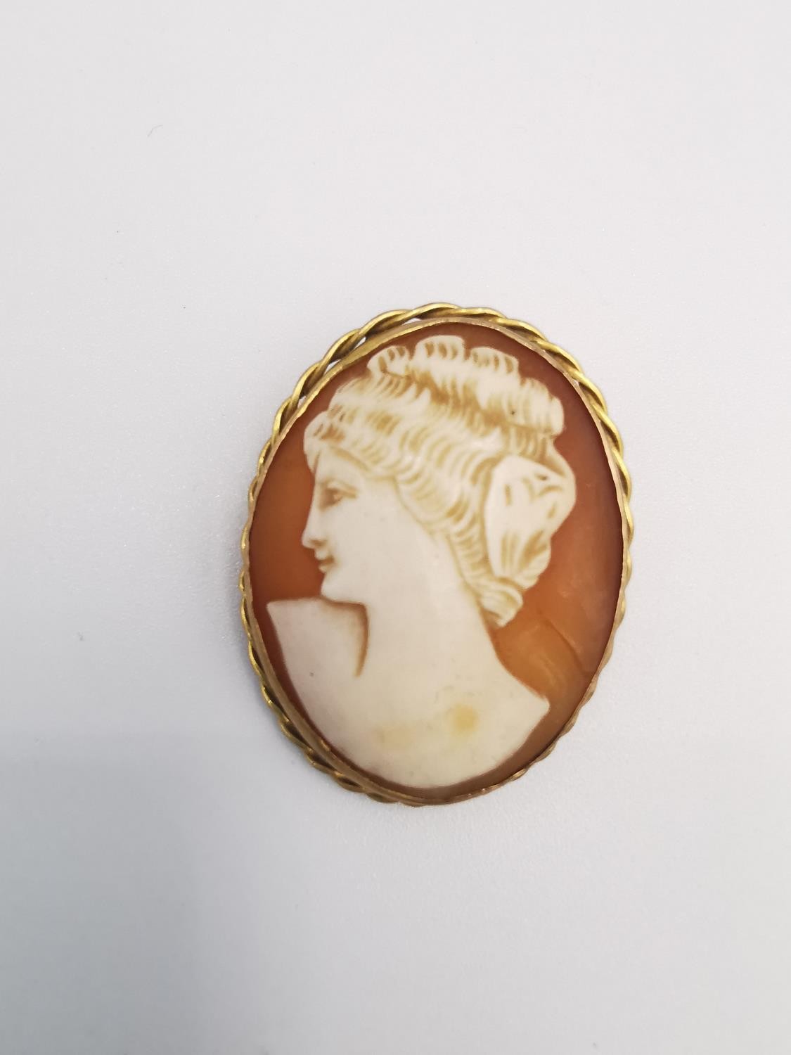 A 9ct yellow gold carved shell cameo brooch with side profile of a classical female figure, in a 9ct - Image 4 of 6