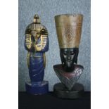Two Egyptian figures, a mummy and a Nefertiti figure. Both carved and hand painted H.49cm. (largest)
