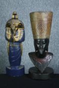 Two Egyptian figures, a mummy and a Nefertiti figure. Both carved and hand painted H.49cm. (largest)