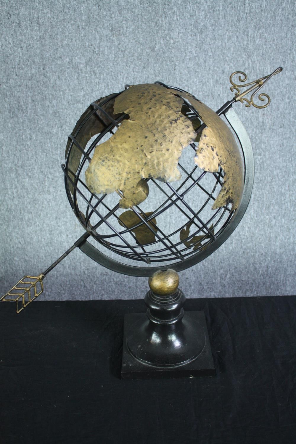 A vintage celestial metal armillary globe sphere, raised on turned ebonised socle. H.57. Dia.30 cm. - Image 2 of 4