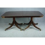 Dining table, Georgian style mahogany, twin pedestal with extra leaf. H.76 W.245cm. D.114cm.