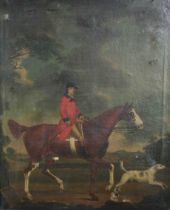 Oil painting on canvas. A huntsman and his dog. Nineteenth century. Quite damaged with a rips to the