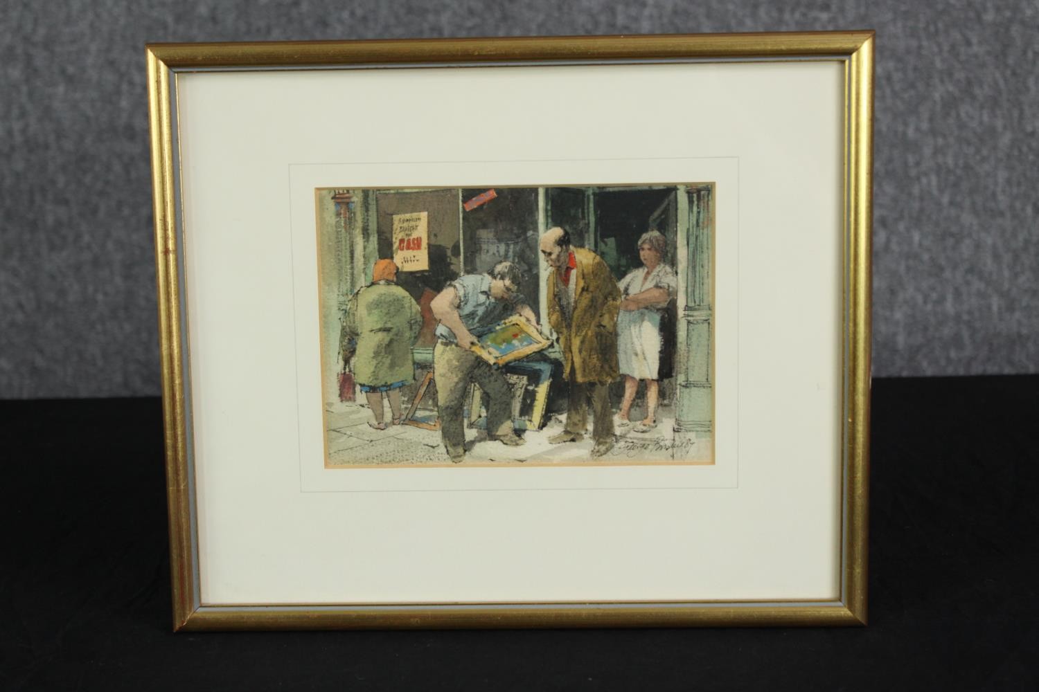 George Busby (British 1926 - 2005). Watercolour titled 'The Dealer'. Signed in pencil. Framed and - Image 2 of 5