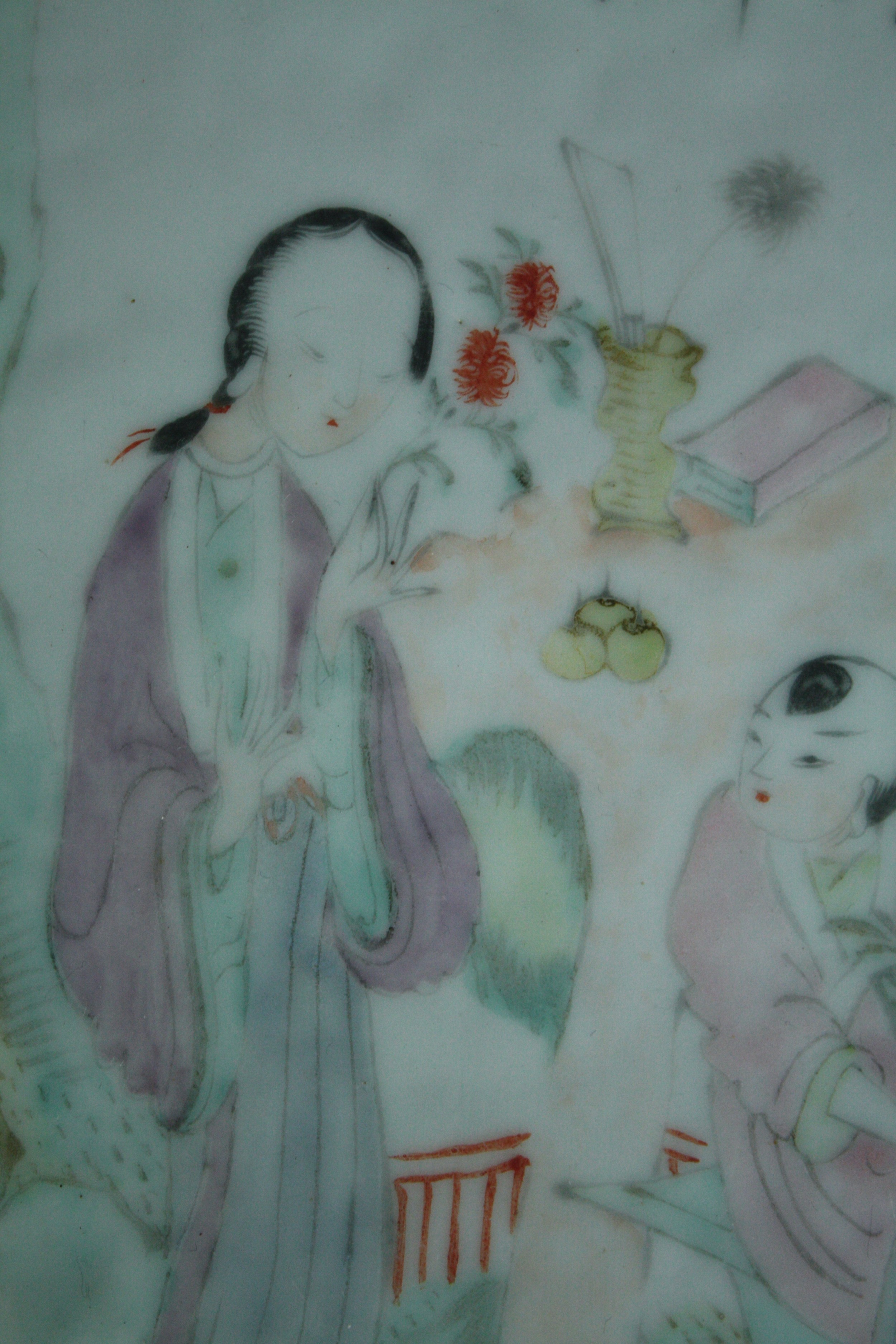 Two 19th century Chinese Famille Rose porcelain trays hand painted with figures. One of a scholar - Image 5 of 6