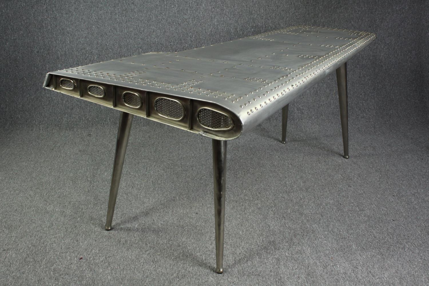 Writing desk, Aviator airplane wing style polished aluminium. H.75 W.170 D.93cm. - Image 2 of 7