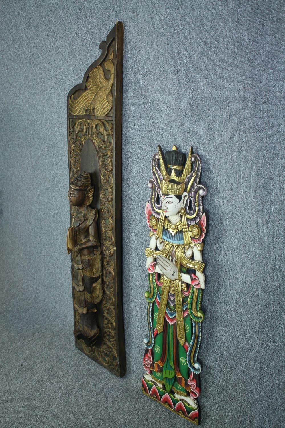 Two carved Buddhist wall panels hand painted and decorated in gilt. H.143 W.35 cm. (largest) - Image 6 of 7