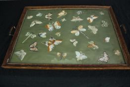 An embroidered tray featuring butterflies. Probably early twentieth century. L.63 W.43cm.