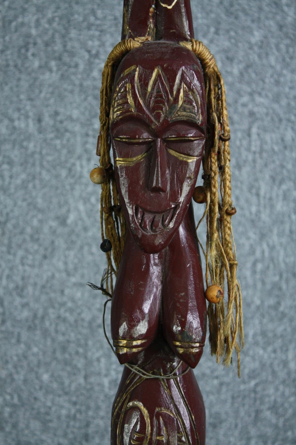 African tribal art. Two figures. One with braided headdress. Twentieth century. H.103 cm. (largest) - Image 2 of 7