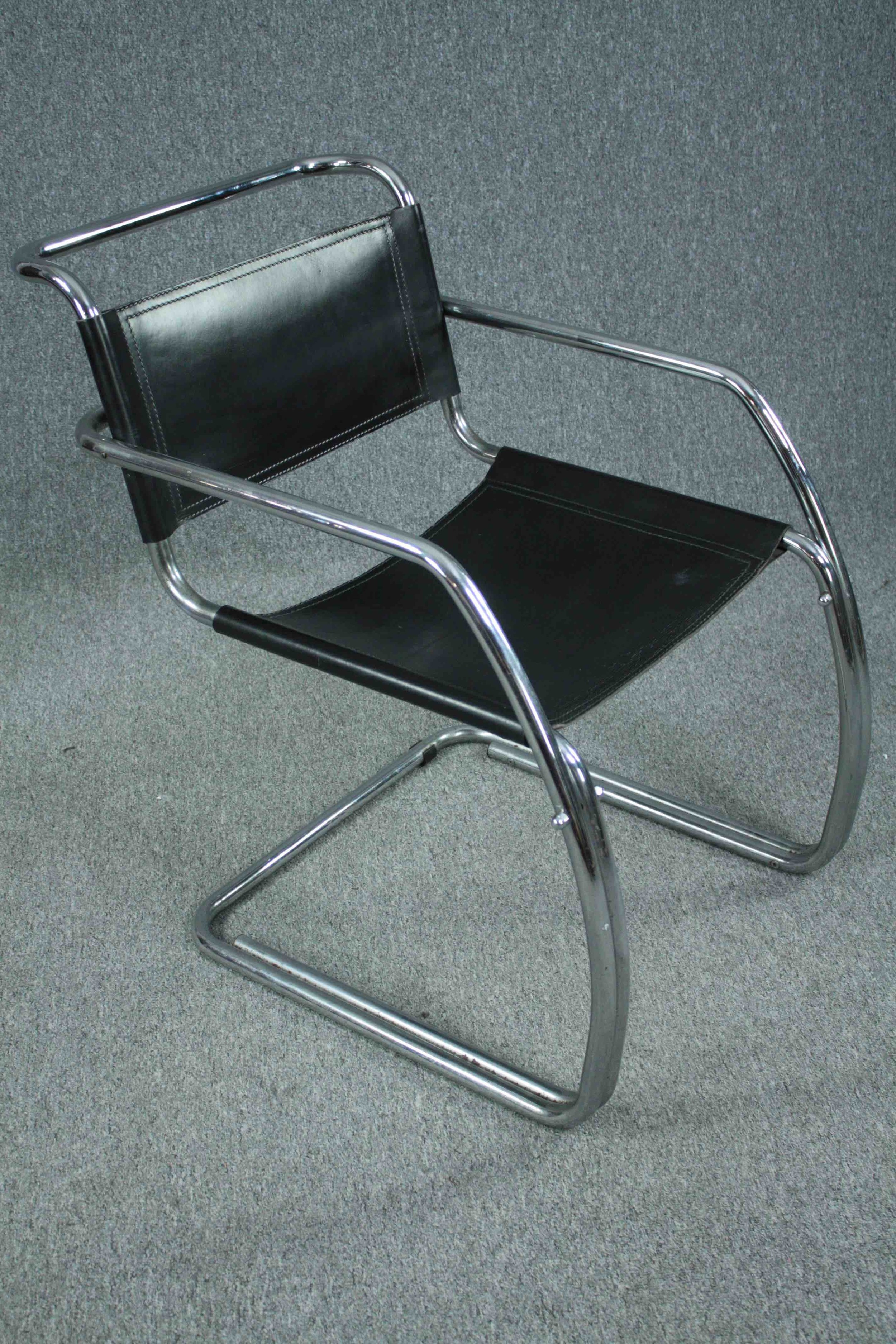 A mid century Breuer style chrome and leather cantilever armchair. - Image 2 of 4