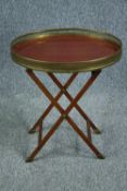 Tray table, folding, late 20th century with brass gallery and composite laminated top. H.58 W.50 D.