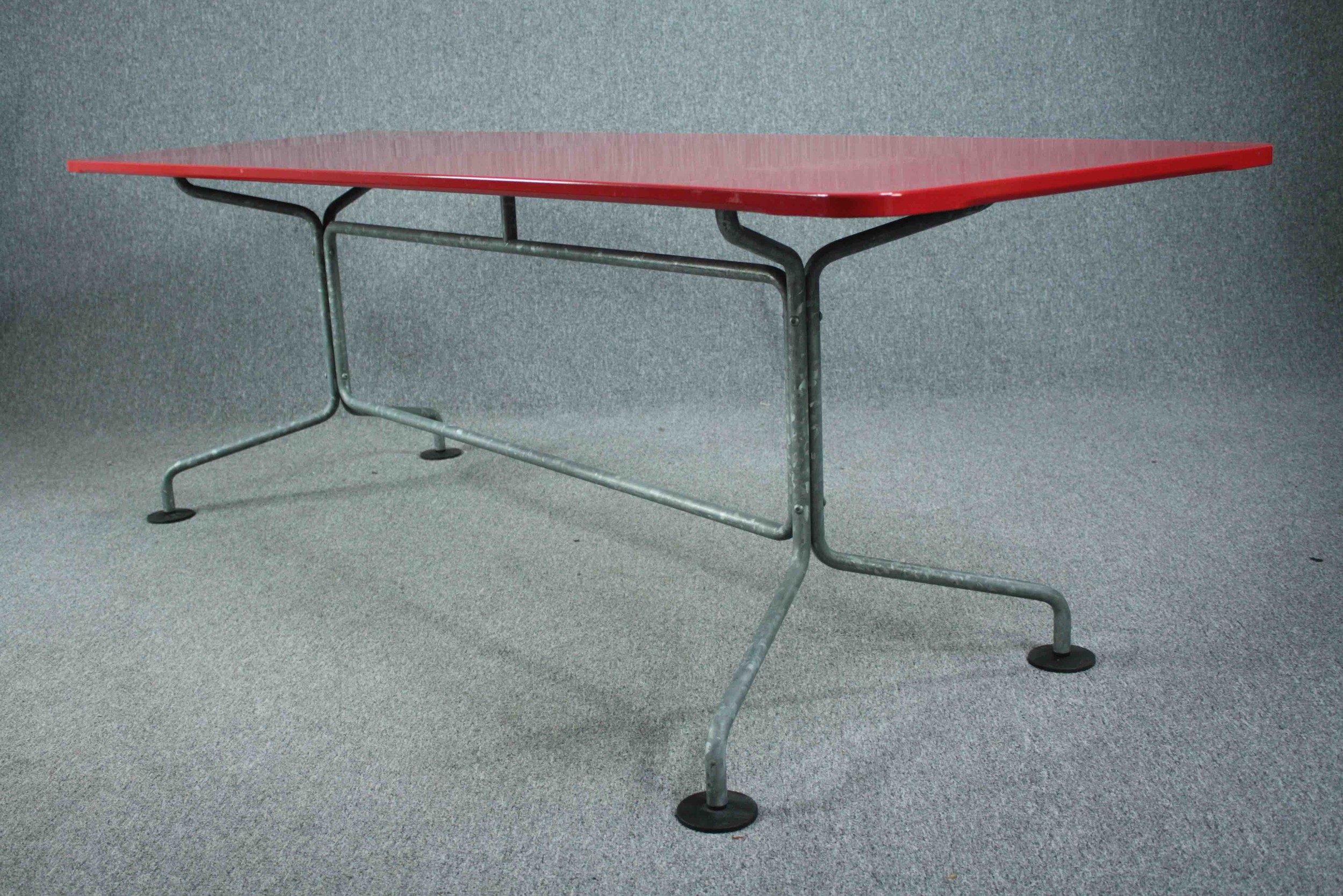 A large metal vintage style dining table, contemporary with red lacquered top. H.75 W.240 D.75cm. - Image 11 of 12