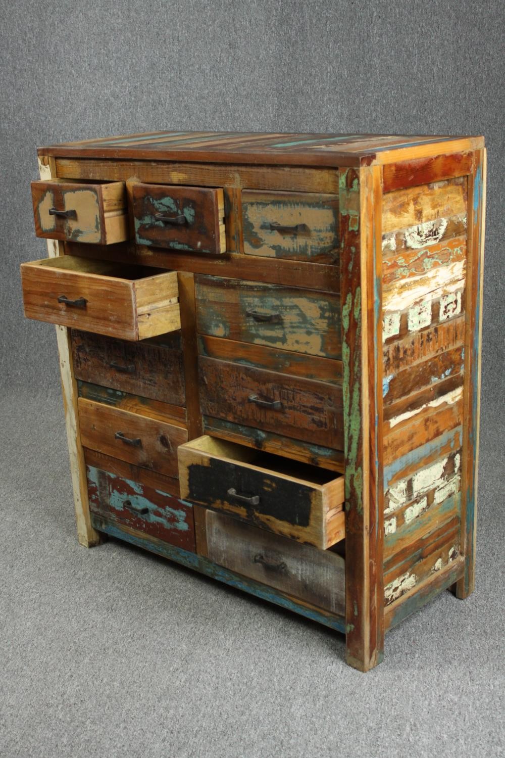 A contemporary distressed polychrome painted chest of drawers. H.100 W.100 D.40cm. - Image 4 of 6