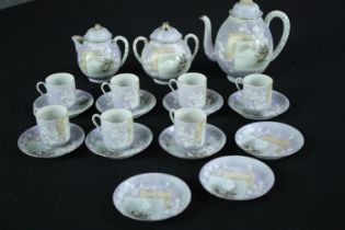 Tea set. Incomplete. Made up of seven cups and saucers, a teapot, sugar pot, creamer and three